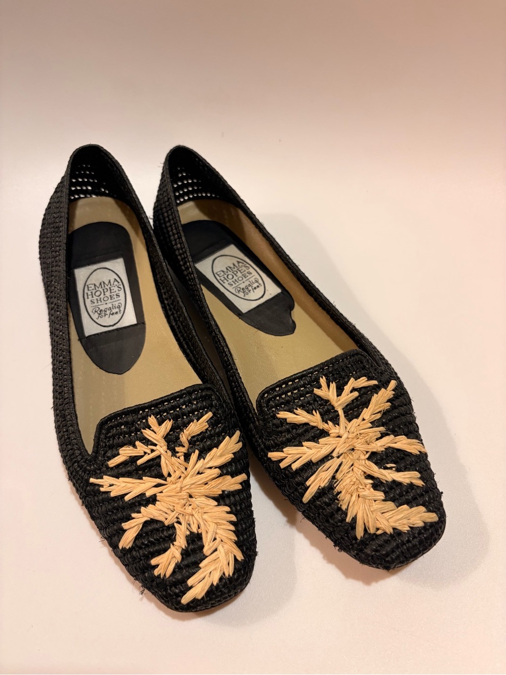 Emma Hope Black Raffia Loafers with Natural Embroidered Detail